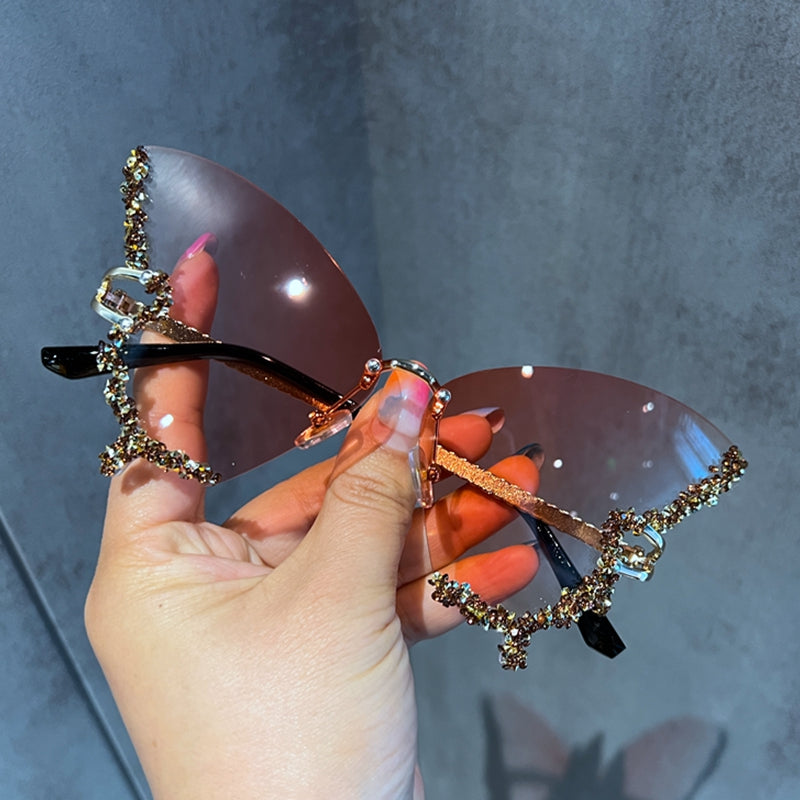 IL - Vintage Rimless Butterfly Sunglasses - Luxury Diamond-Encrusted Oversized Sun Glasses